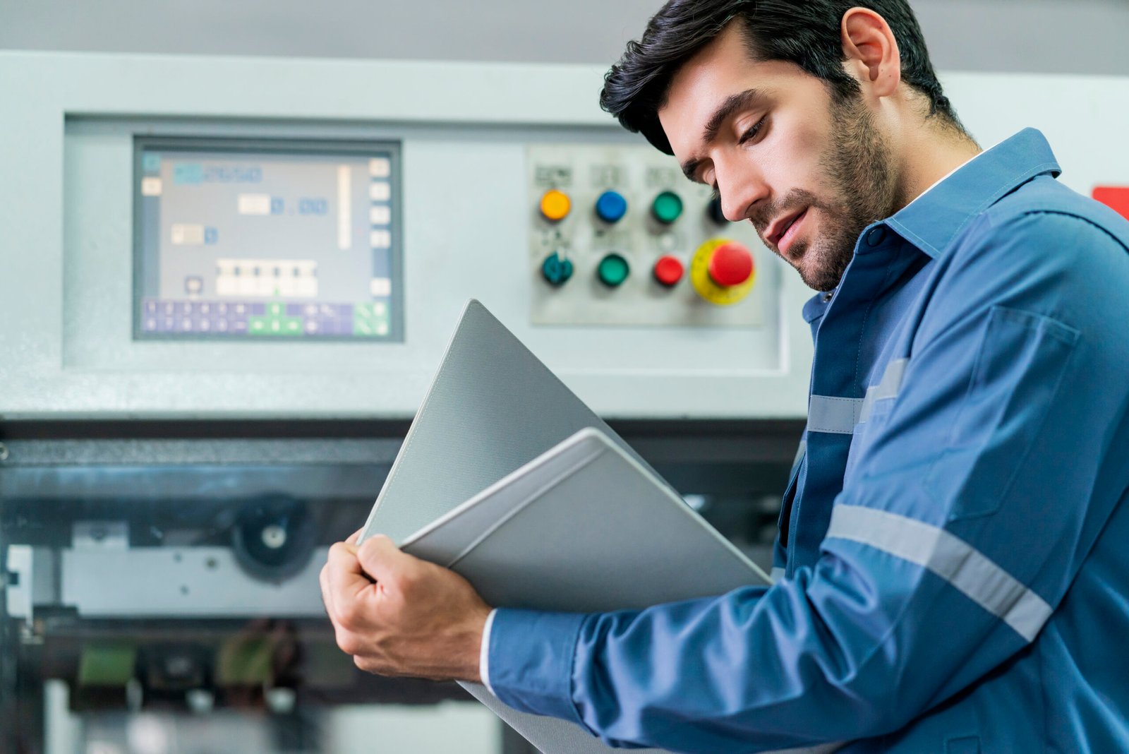 male-caucasian-professional-engineer-examine-checking-machinery-system-progress-work-flow-result-project-factory-background-industrial-technology-concept male caucasian professional engineer examine checking machinery system progress of work flow and result of project in factory background ,industrial and technology concept